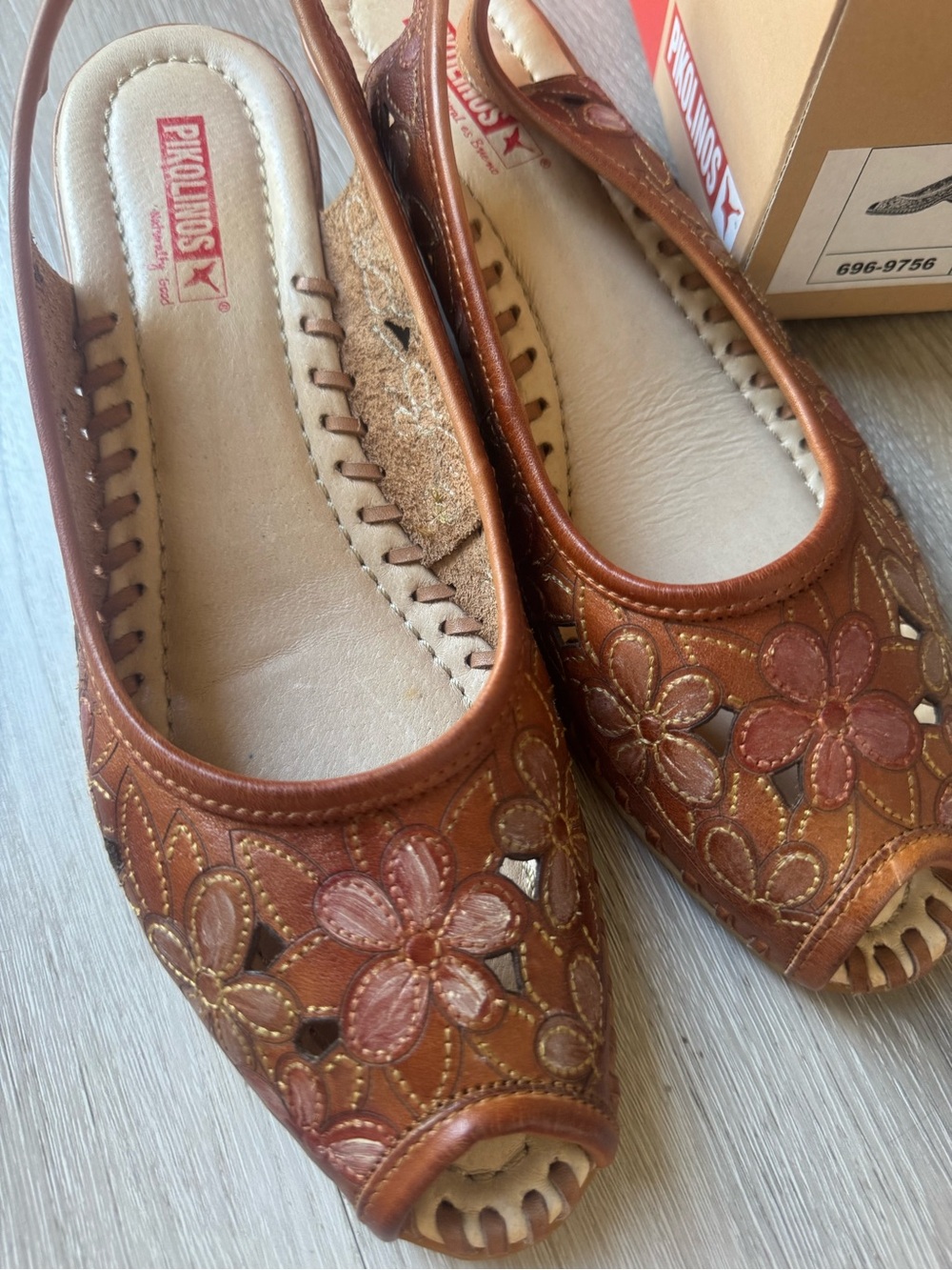 PIKOLINOS Brown Leather Floral Peep-Toe Slingbacks size 8-8.5 euro 39